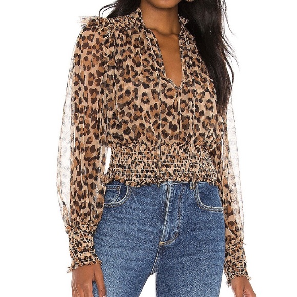 Free People Printed Twyla Top Size Large Leopard Combo Smocked - Picture 8 of 13